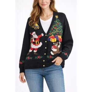 Vintage 90s Ugly Christmas Sweater Santa Bear Tree Black Cardigan Womens Size L